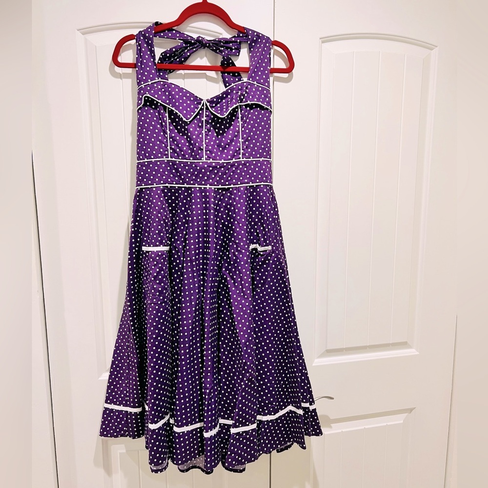 EUC Purple and White Polka Dot Hell Bunny Vixen Halter Dress size XL w/ pockets